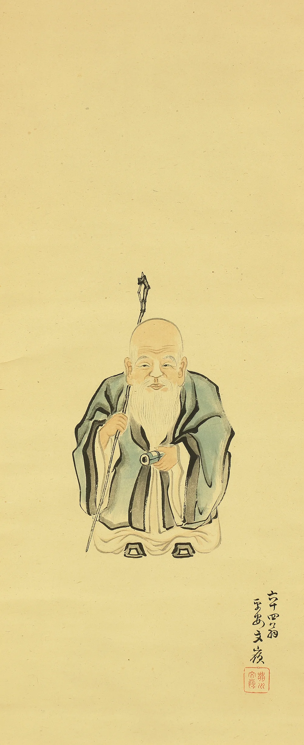 前川文嶺 Maekawa Bunrei (1837-1917) Japanese art a set of three kakejiku kakemono wall hanging scrolls / Rising Sun and Moon , Jurojin (Tall Headed God of Happiness and Long Life) with Box RC535 - Image 17