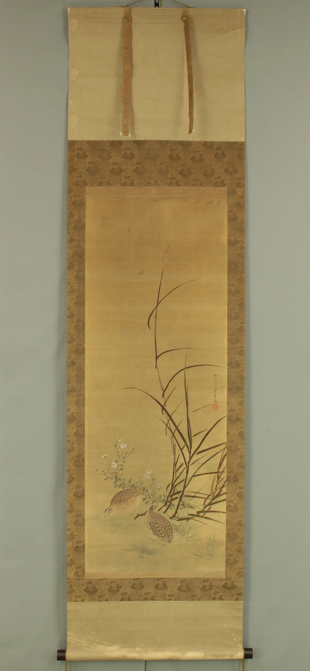 円山応挙 Maruyama Okyo (1733-1795) Japanese antique art kakejiku kakemono wall hanging scroll / Quail, Chrysanthemums and Silver Grass with Appraised Box RD483 - Image 2