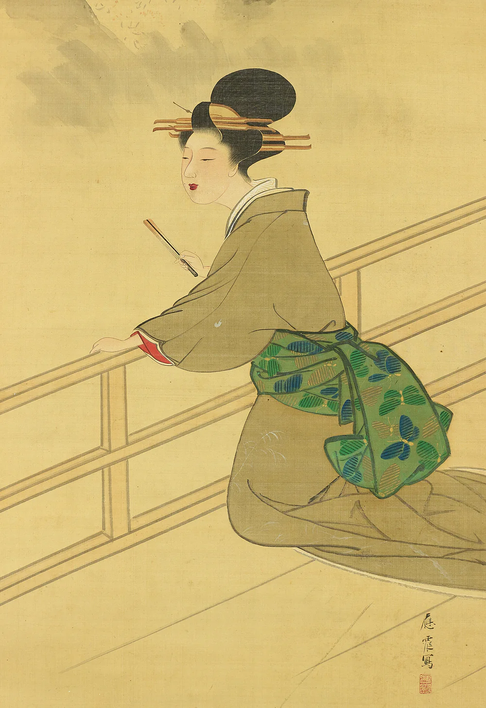 円山応震 Maruyama Oshin (1790-1838) Japanese antique art kakejiku kakemono wall hanging scroll / Geisha Oiran Beauty Kiyomizudera temple and Moon Scenery with Box A859 - Image 8