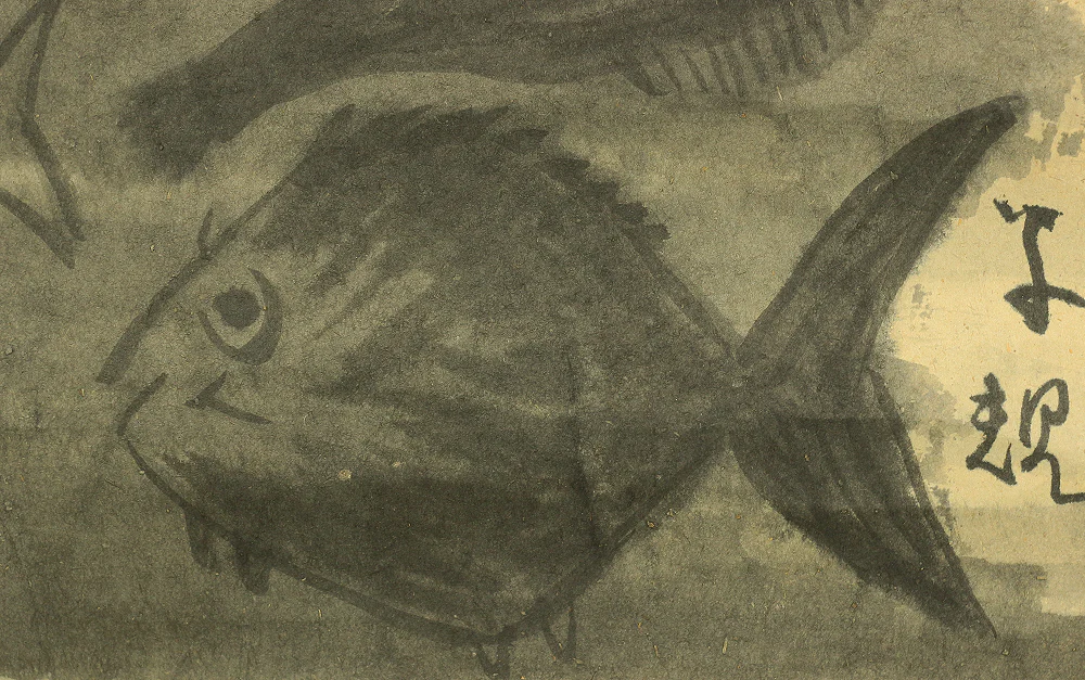 正岡子規 MASAOKA SHIKI Japanese antique art kakejiku kakemono wall hanging scroll / Fish, crane, haiku 鱗ちる 雑魚場の跡や 夏の月 with Box W230 - Image 13