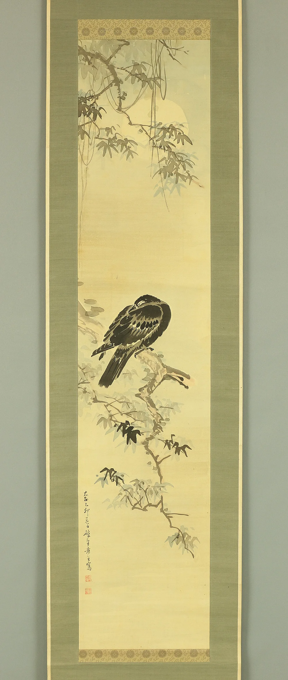 益頭峻南 Mashizu Shunnan (1851-1916) Japanese antique art Paired kakejiku kakemono wall hanging scrolls / Heron on Willow Tree in Snow and Sleeping Crow under Moon with Original Box A381 - Image 12