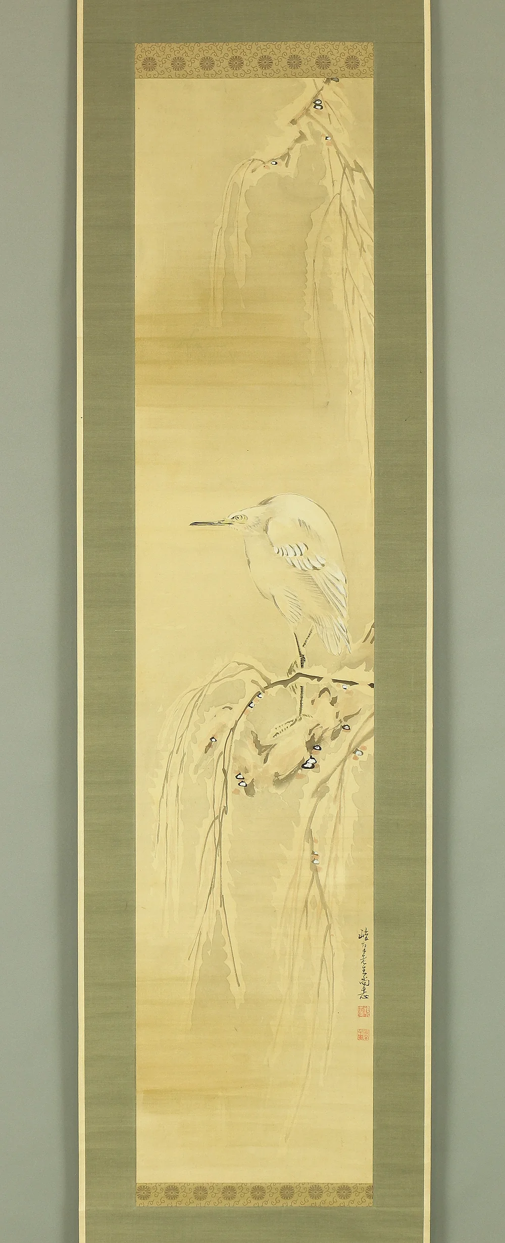 益頭峻南 Mashizu Shunnan (1851-1916) Japanese antique art Paired kakejiku kakemono wall hanging scrolls / Heron on Willow Tree in Snow and Sleeping Crow under Moon with Original Box A381 - Image 2
