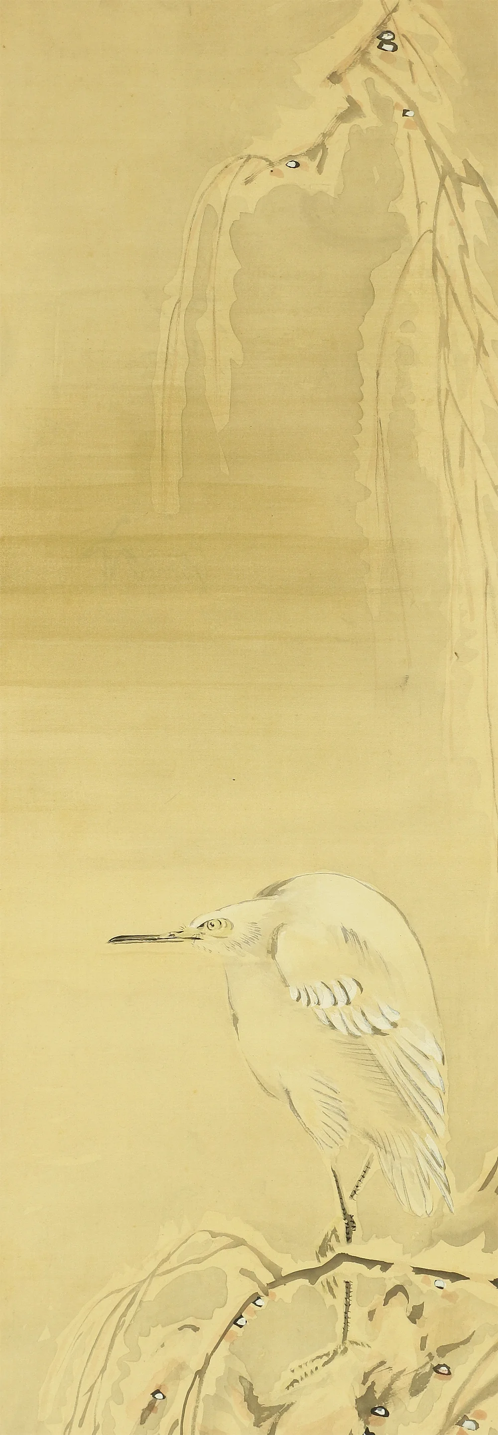 益頭峻南 Mashizu Shunnan (1851-1916) Japanese antique art Paired kakejiku kakemono wall hanging scrolls / Heron on Willow Tree in Snow and Sleeping Crow under Moon with Original Box A381 - Image 4