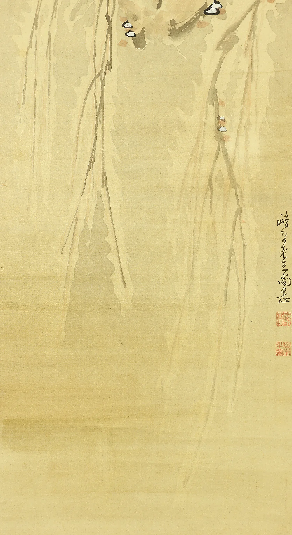 益頭峻南 Mashizu Shunnan (1851-1916) Japanese antique art Paired kakejiku kakemono wall hanging scrolls / Heron on Willow Tree in Snow and Sleeping Crow under Moon with Original Box A381 - Image 8