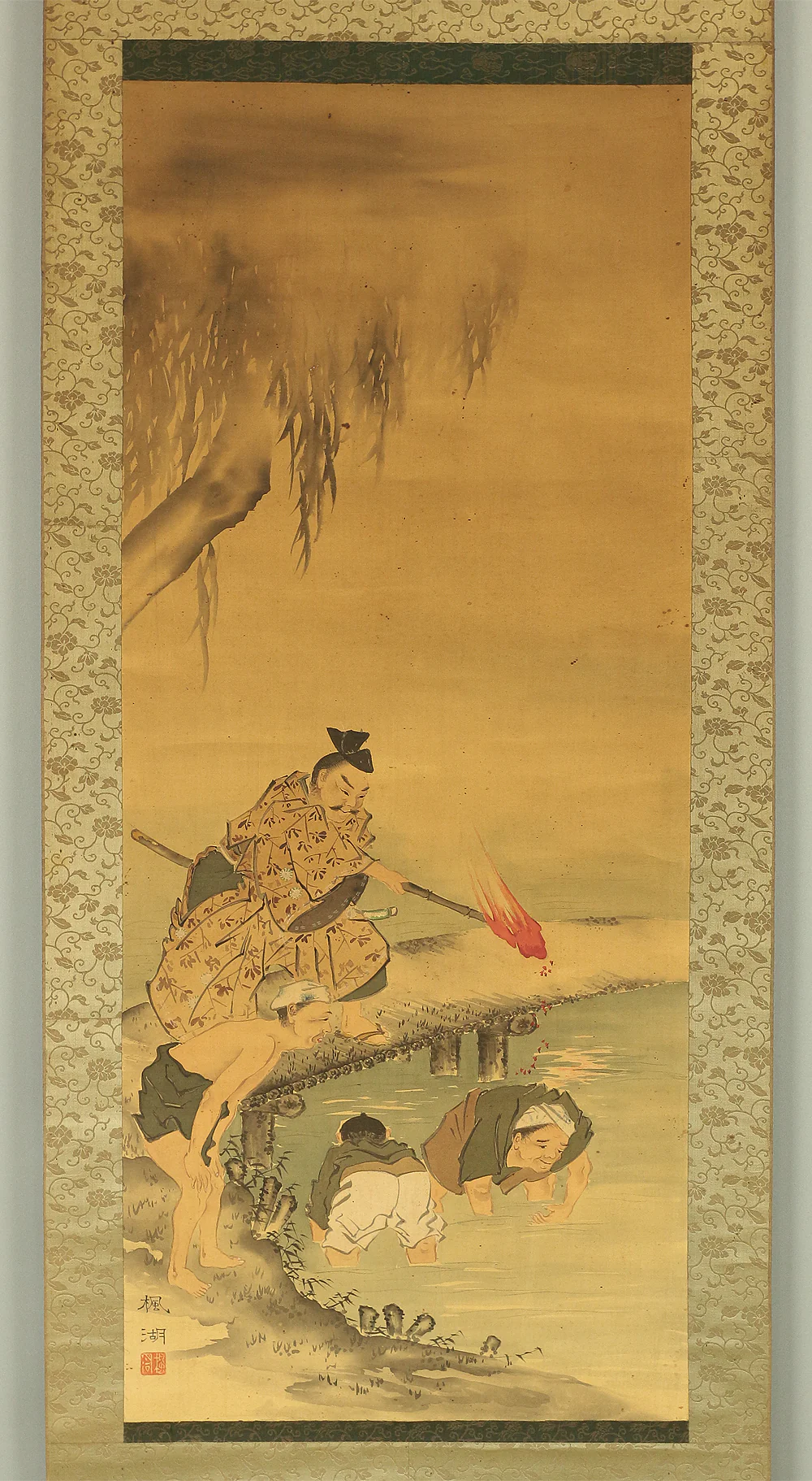 松本楓湖 Matsumoto Fuko (1840-1923) Japanese antique art kakejiku kakemono wall hanging scroll / 青砥藤綱 Aoto Fujitsuna looking for money in the river W767 - Image 3