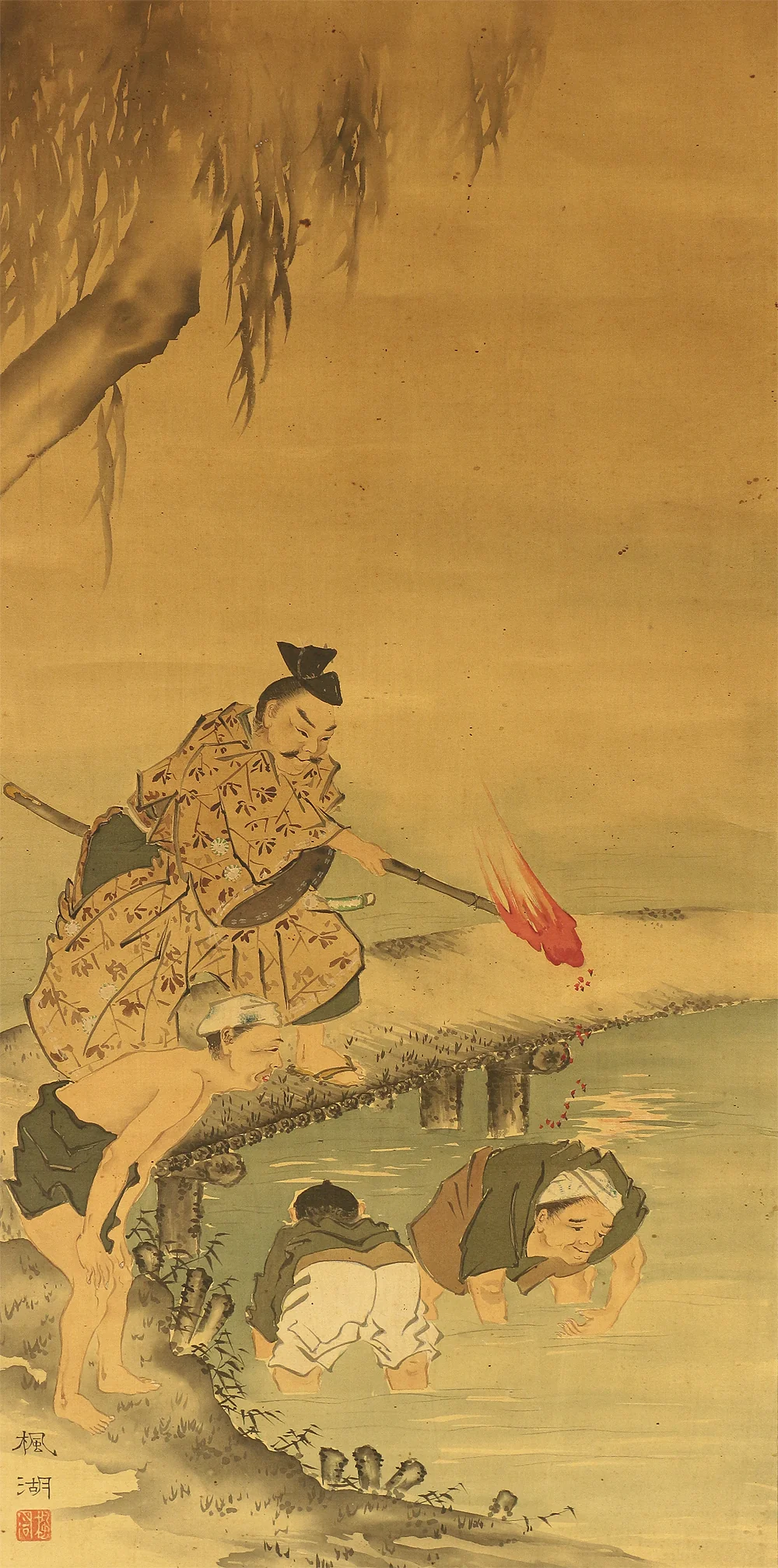 松本楓湖 Matsumoto Fuko (1840-1923) Japanese antique art kakejiku kakemono wall hanging scroll / 青砥藤綱 Aoto Fujitsuna looking for money in the river W767 - Image 5