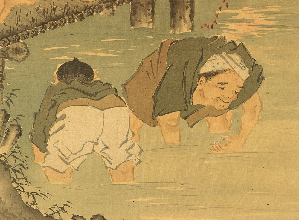 松本楓湖 Matsumoto Fuko (1840-1923) Japanese antique art kakejiku kakemono wall hanging scroll / 青砥藤綱 Aoto Fujitsuna looking for money in the river W767 - Image 9
