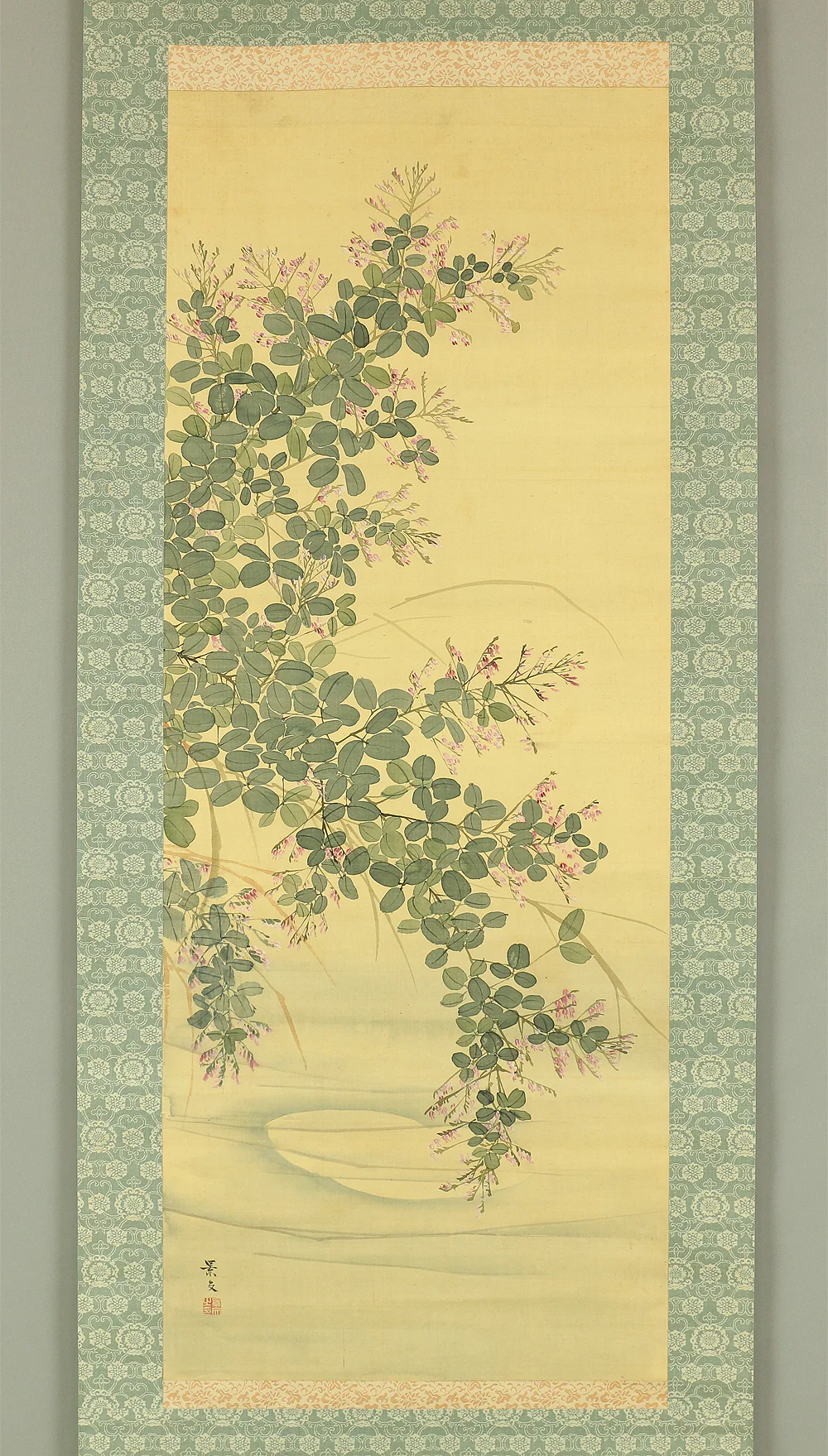 松村景文 Matsumura Keibun (1779-1843) Japanese antique art kakejiku kakemono wall hanging scroll / Bush Clover and Moon Reflecting on Water with Box RB618