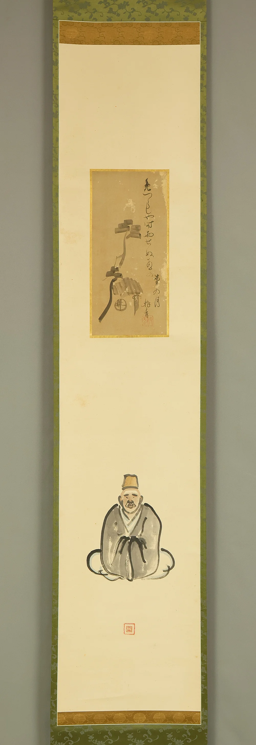 松尾芭蕉 Matsuo Basho (1644-1694), 宝井其角 Takarai Kikaku (1661-1707), 服部嵐雪 Hattori Ransetsu (1654-1707) Japanese antique art a set of three kakejiku kakemono wall hanging scrolls / Collaborative work Haiku Poem and Portraiture with Original Box (Tomobako) RD928 - Image 2