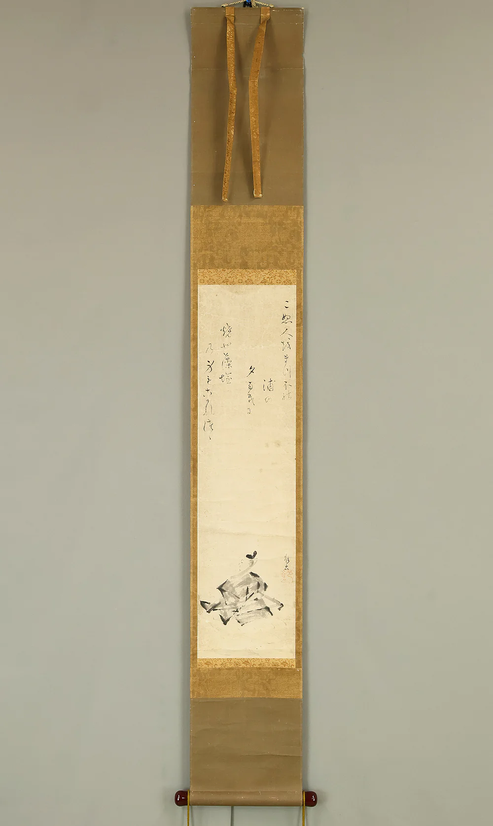松尾芭蕉 Matsuo Basho (1644-1694) Japanese antique art kakejiku kakemono wall hanging scroll / Portrait of Fujiwara no Sadaie and Waka Poem こぬ人を まつほの浦の~ with Box RE499 - Image 2