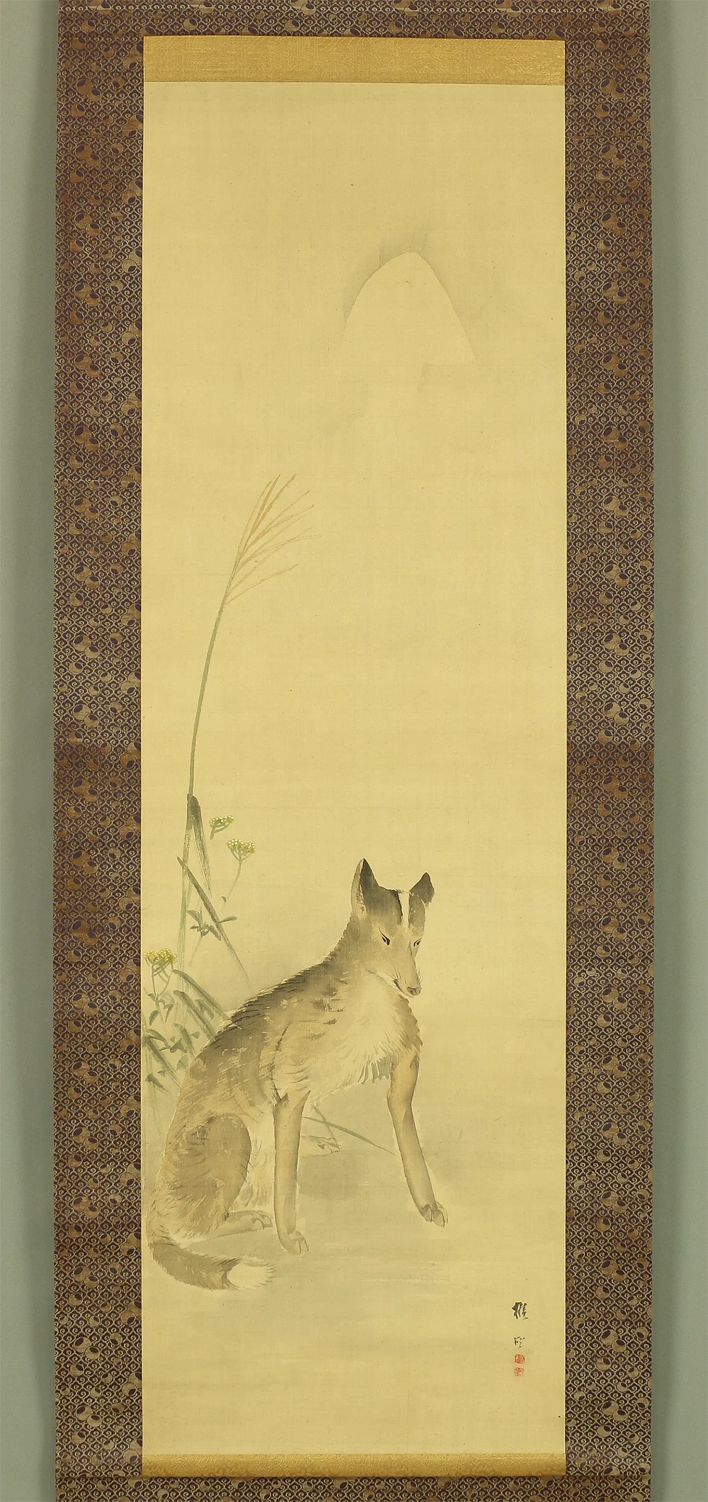 松吉樵渓 MATSUYOSHI SHOKEI (?-1870) Japanese antique art kakejiku kakemono wall hanging scroll / Fox under moon with Box W237 - Image 3