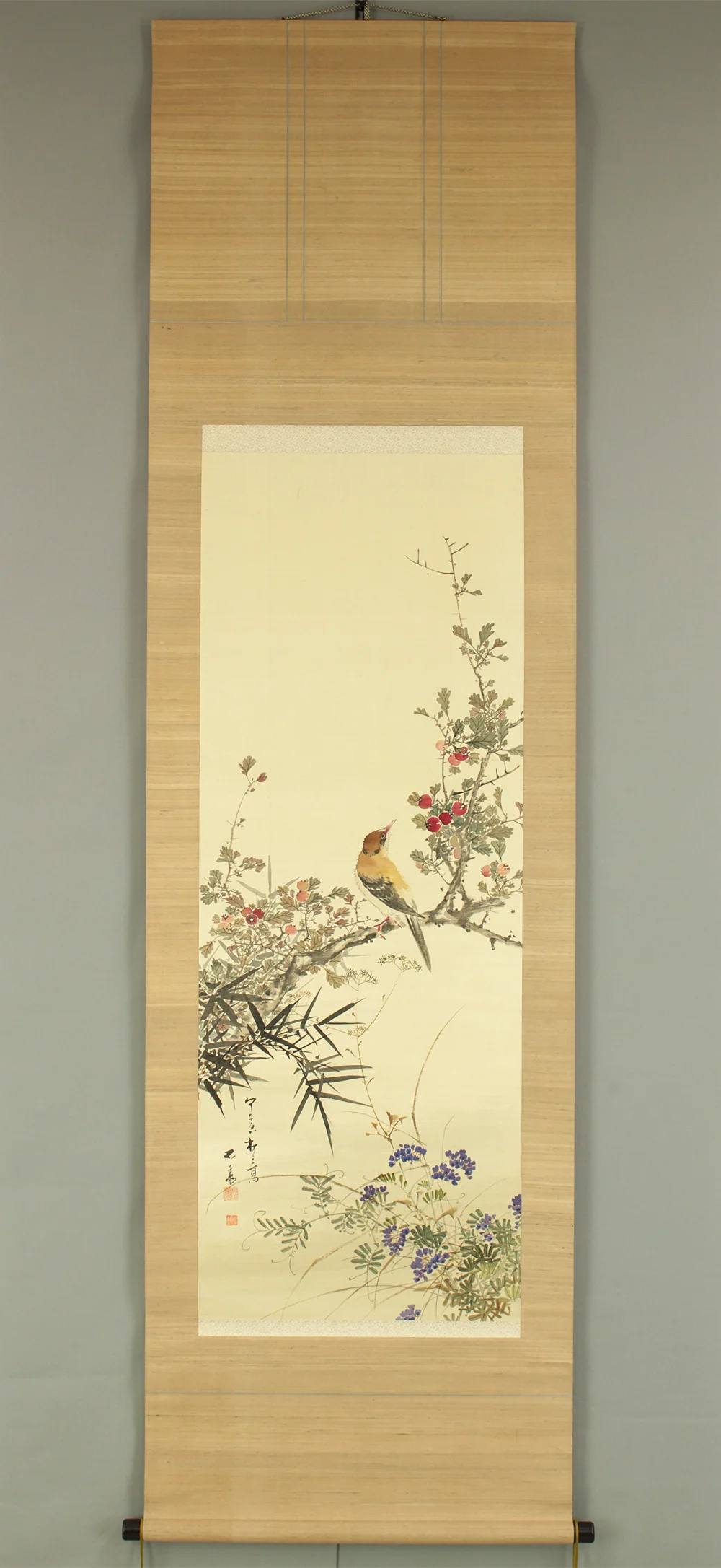 三浦石斎 Miura Sekisai (b1849) Japanese art kakejiku kakemono wall hanging scroll / Varied Tit Perching on Boxwood Tree, Bamboo and Crowfoot with Box RC903 - Image 2