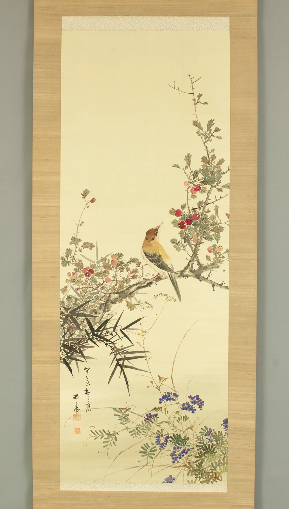 三浦石斎 Miura Sekisai (b1849) Japanese art kakejiku kakemono wall hanging scroll / Varied Tit Perching on Boxwood Tree, Bamboo and Crowfoot with Box RC903 - Image 3
