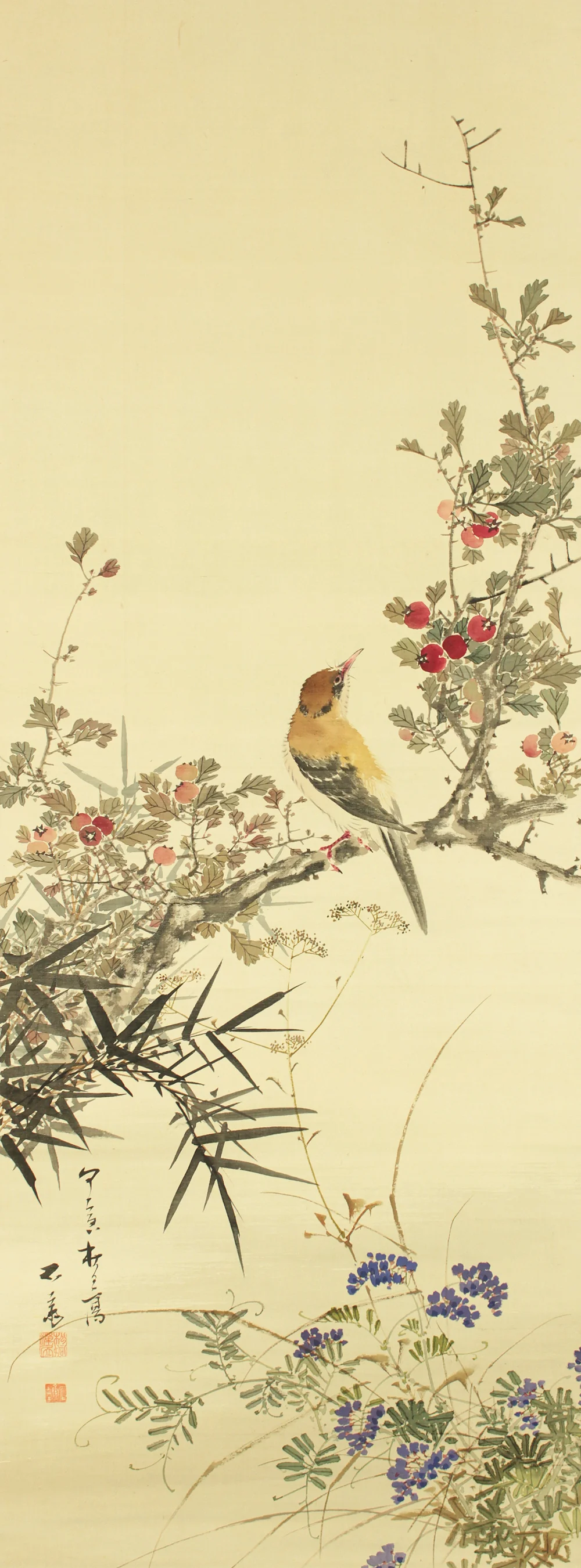 三浦石斎 Miura Sekisai (b1849) Japanese art kakejiku kakemono wall hanging scroll / Varied Tit Perching on Boxwood Tree, Bamboo and Crowfoot with Box RC903 - Image 5