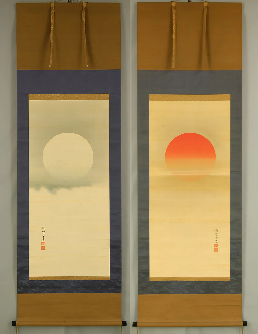 三好賢古 Miyoshi Kenko (1839-1919) Japanese art Paired kakejiku kakemono wall hanging scrolls / Rising Sun and Moon RD847