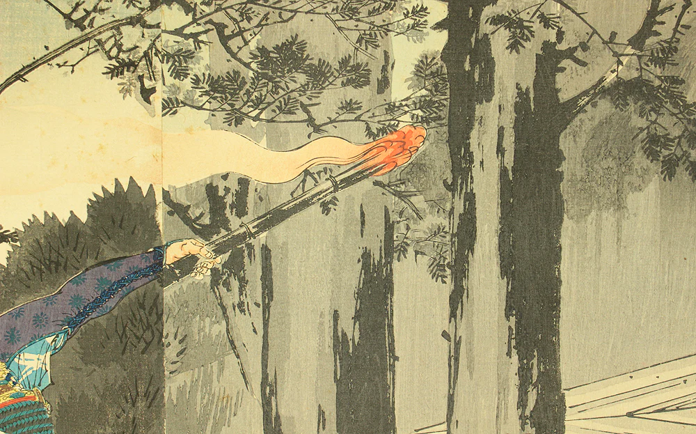 水野年方 Mizuno Toshikata (1866-1908) Japanese antique art Triptych Original woodblock prints 'Ise Saburo Onzoshi e Kenzan no e' 伊勢三郎御曹司へ見参之図 (Ise Saburo and Minamoto no Yoshitsune) - 1893 (Meiji26) OW336 - Image 13