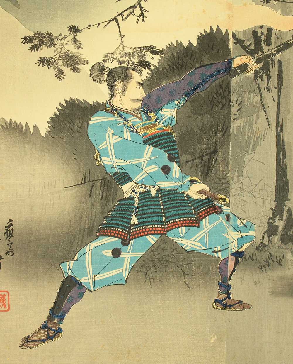 水野年方 Mizuno Toshikata (1866-1908) Japanese antique art Triptych Original woodblock prints 'Ise Saburo Onzoshi e Kenzan no e' 伊勢三郎御曹司へ見参之図 (Ise Saburo and Minamoto no Yoshitsune) - 1893 (Meiji26) OW336 - Image 15