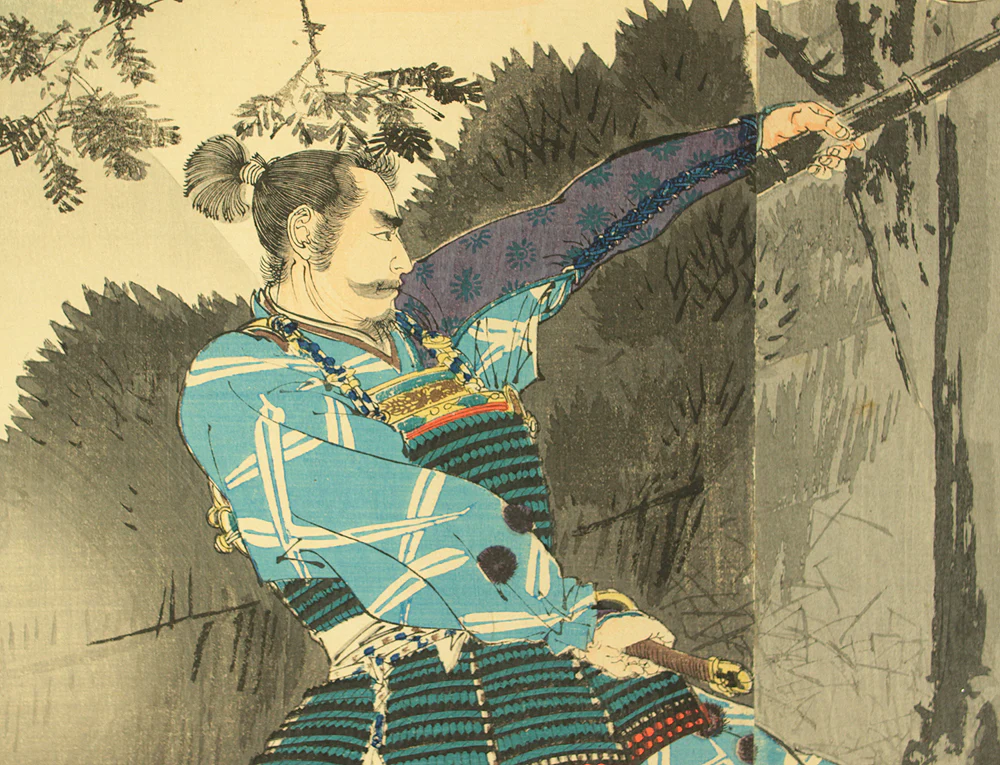 水野年方 Mizuno Toshikata (1866-1908) Japanese antique art Triptych Original woodblock prints 'Ise Saburo Onzoshi e Kenzan no e' 伊勢三郎御曹司へ見参之図 (Ise Saburo and Minamoto no Yoshitsune) - 1893 (Meiji26) OW336 - Image 16
