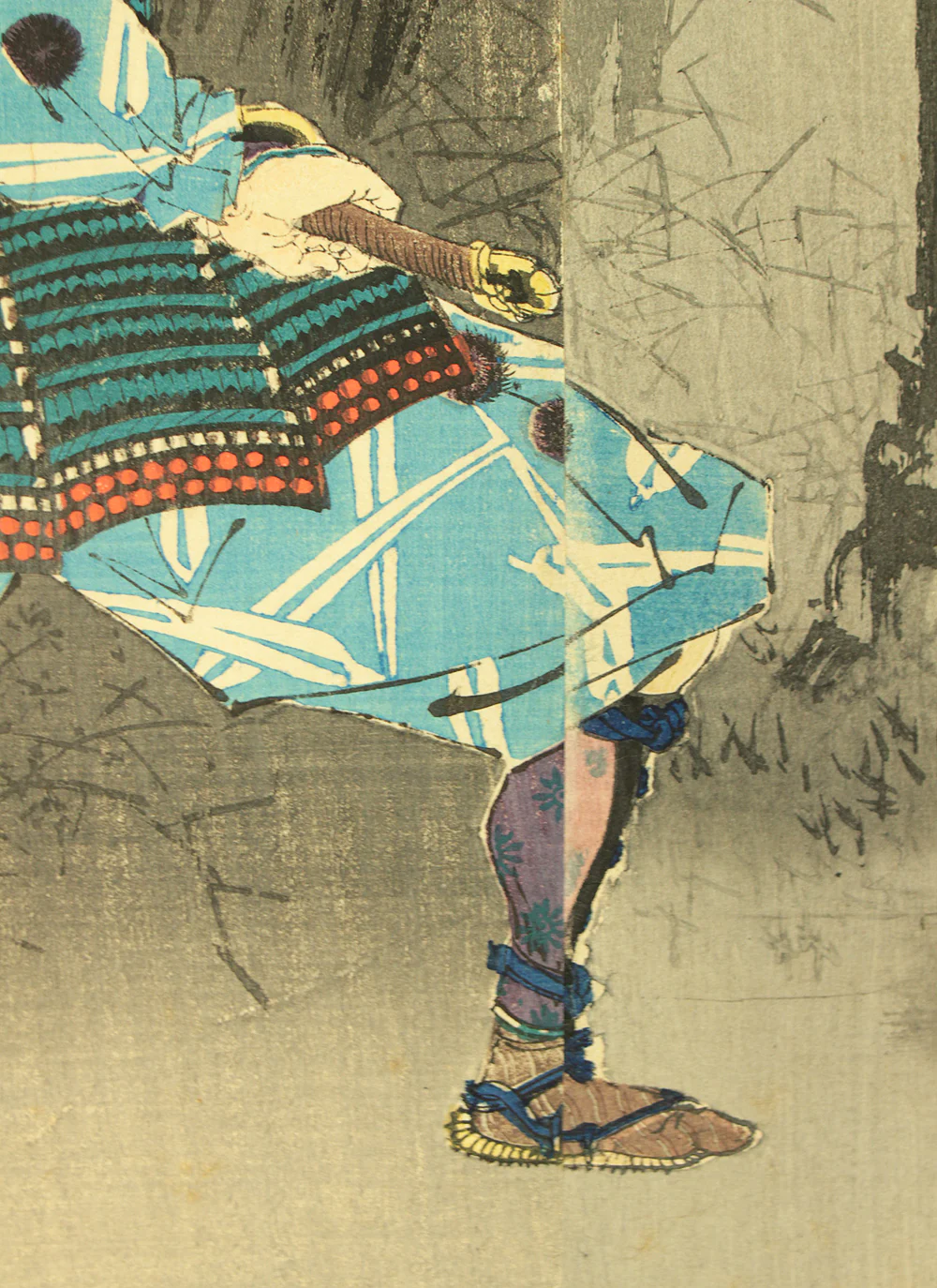 水野年方 Mizuno Toshikata (1866-1908) Japanese antique art Triptych Original woodblock prints 'Ise Saburo Onzoshi e Kenzan no e' 伊勢三郎御曹司へ見参之図 (Ise Saburo and Minamoto no Yoshitsune) - 1893 (Meiji26) OW336 - Image 19