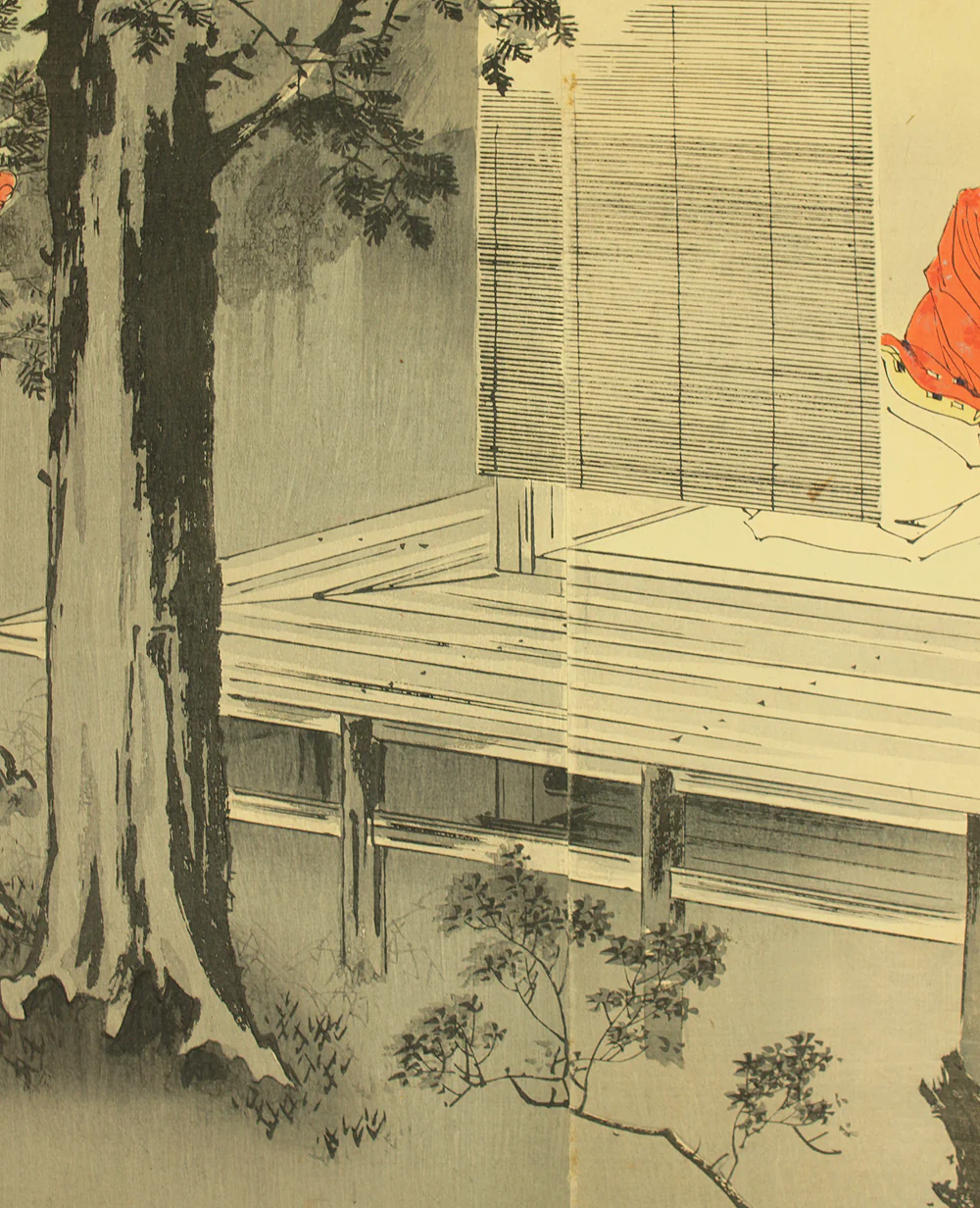 水野年方 Mizuno Toshikata (1866-1908) Japanese antique art Triptych Original woodblock prints 'Ise Saburo Onzoshi e Kenzan no e' 伊勢三郎御曹司へ見参之図 (Ise Saburo and Minamoto no Yoshitsune) - 1893 (Meiji26) OW336 - Image 9
