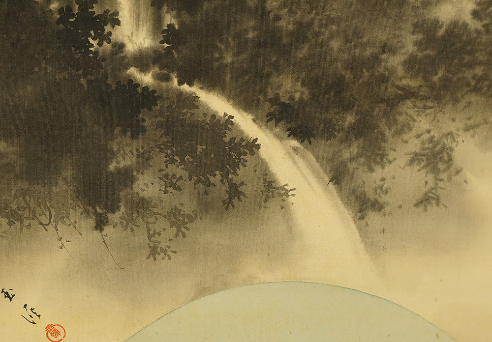 望月玉渓 Mochizuki Gyokkei (1874-1938) Japanese art kakejiku kakemono wall hanging scroll / Fan Surface - Waterfall and Cuckoo with Box RE723 - Image 10