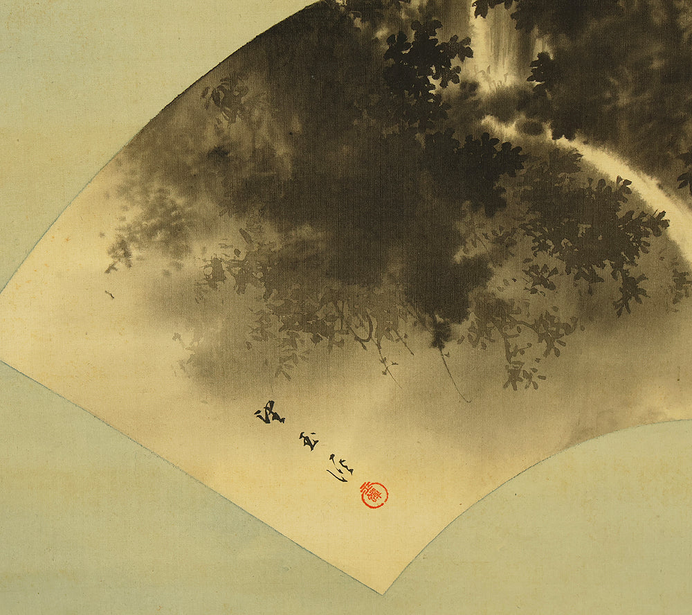 望月玉渓 Mochizuki Gyokkei (1874-1938) Japanese art kakejiku kakemono wall hanging scroll / Fan Surface - Waterfall and Cuckoo with Box RE723 - Image 11