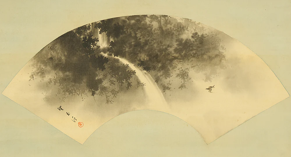 望月玉渓 Mochizuki Gyokkei (1874-1938) Japanese art kakejiku kakemono wall hanging scroll / Fan Surface - Waterfall and Cuckoo with Box RE723 - Image 4