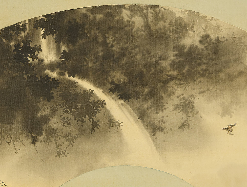 望月玉渓 Mochizuki Gyokkei (1874-1938) Japanese art kakejiku kakemono wall hanging scroll / Fan Surface - Waterfall and Cuckoo with Box RE723 - Image 8