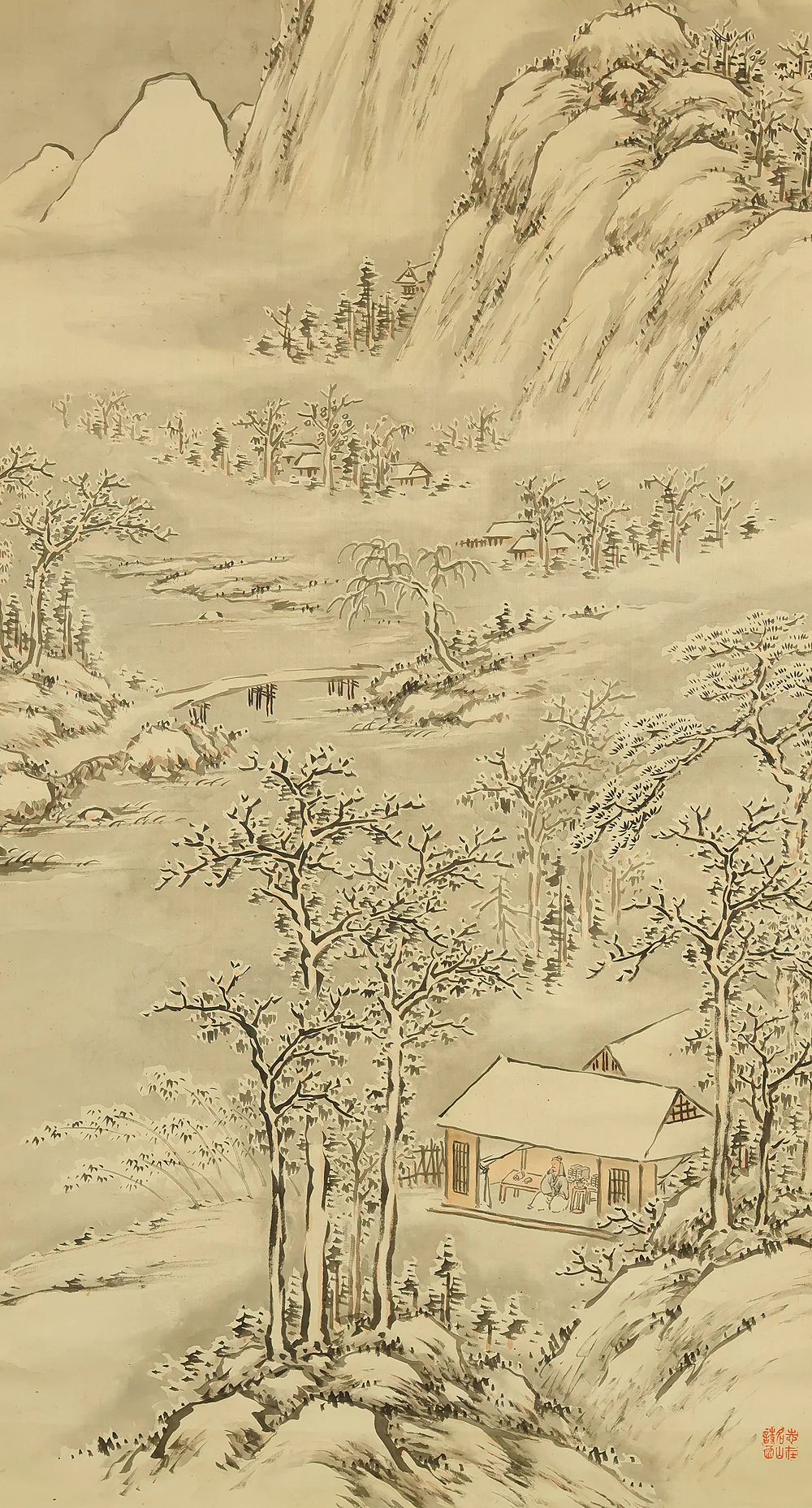 茂庭竹泉 Moniwa Chikusen (1833-1925) Japanese art Large kakejiku kakemono wall hanging scroll / Sansui Snowy Landscapes Mountains Riverside Country House Hermit admiring View with Box RE881 - Image 10