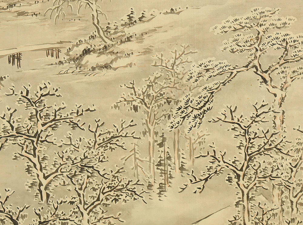 茂庭竹泉 Moniwa Chikusen (1833-1925) Japanese art Large kakejiku kakemono wall hanging scroll / Sansui Snowy Landscapes Mountains Riverside Country House Hermit admiring View with Box RE881 - Image 15