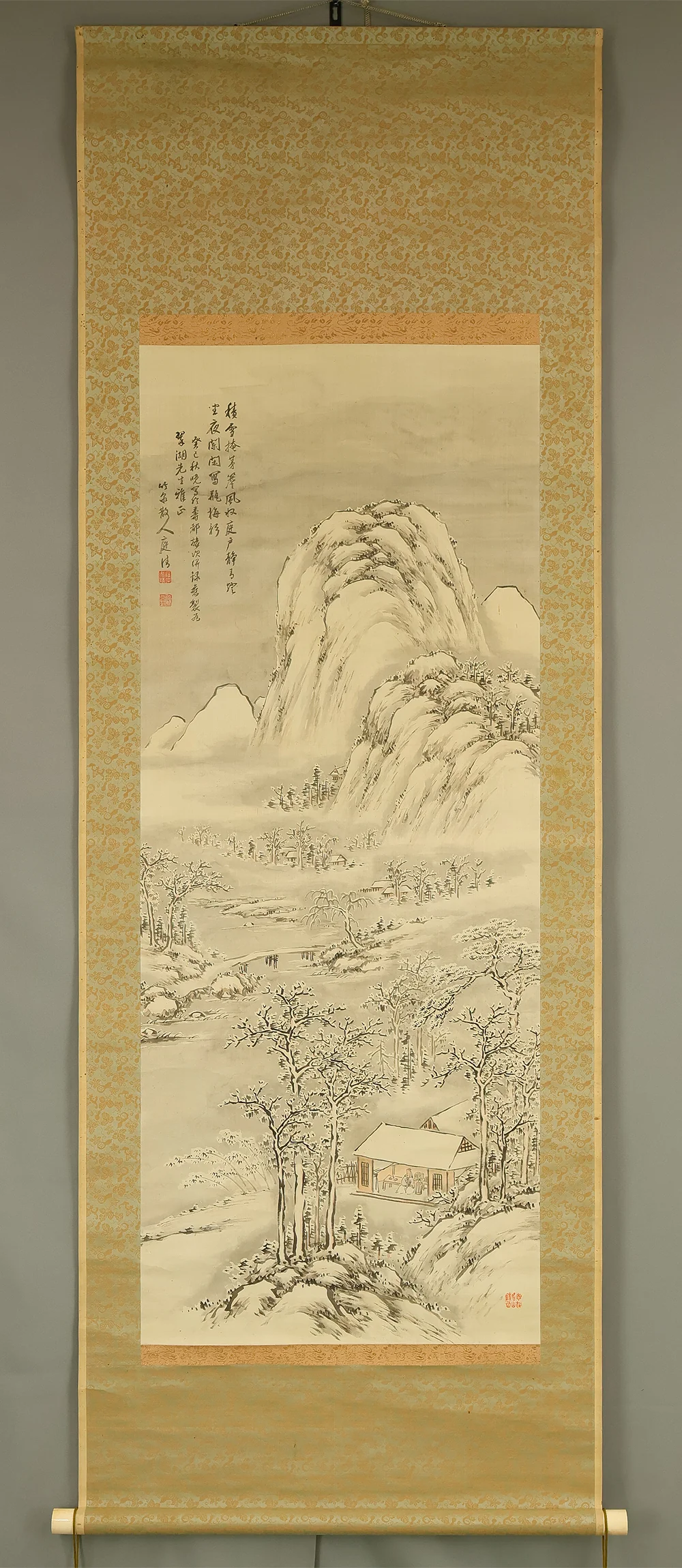 茂庭竹泉 Moniwa Chikusen (1833-1925) Japanese art Large kakejiku kakemono wall hanging scroll / Sansui Snowy Landscapes Mountains Riverside Country House Hermit admiring View with Box RE881 - Image 2
