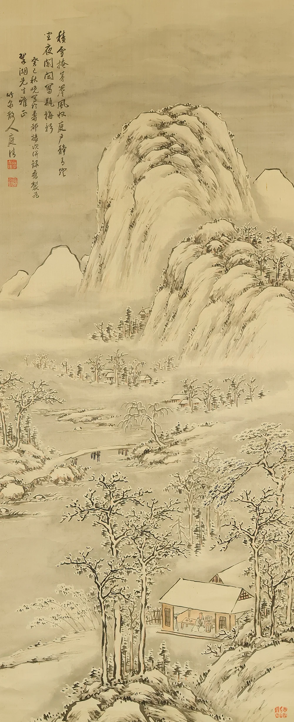 茂庭竹泉 Moniwa Chikusen (1833-1925) Japanese art Large kakejiku kakemono wall hanging scroll / Sansui Snowy Landscapes Mountains Riverside Country House Hermit admiring View with Box RE881 - Image 4