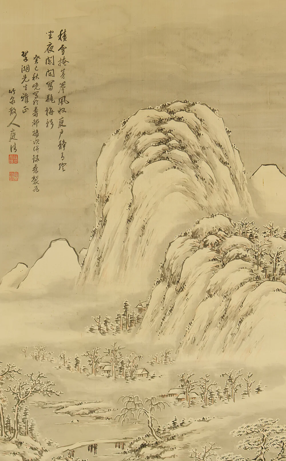 茂庭竹泉 Moniwa Chikusen (1833-1925) Japanese art Large kakejiku kakemono wall hanging scroll / Sansui Snowy Landscapes Mountains Riverside Country House Hermit admiring View with Box RE881 - Image 5