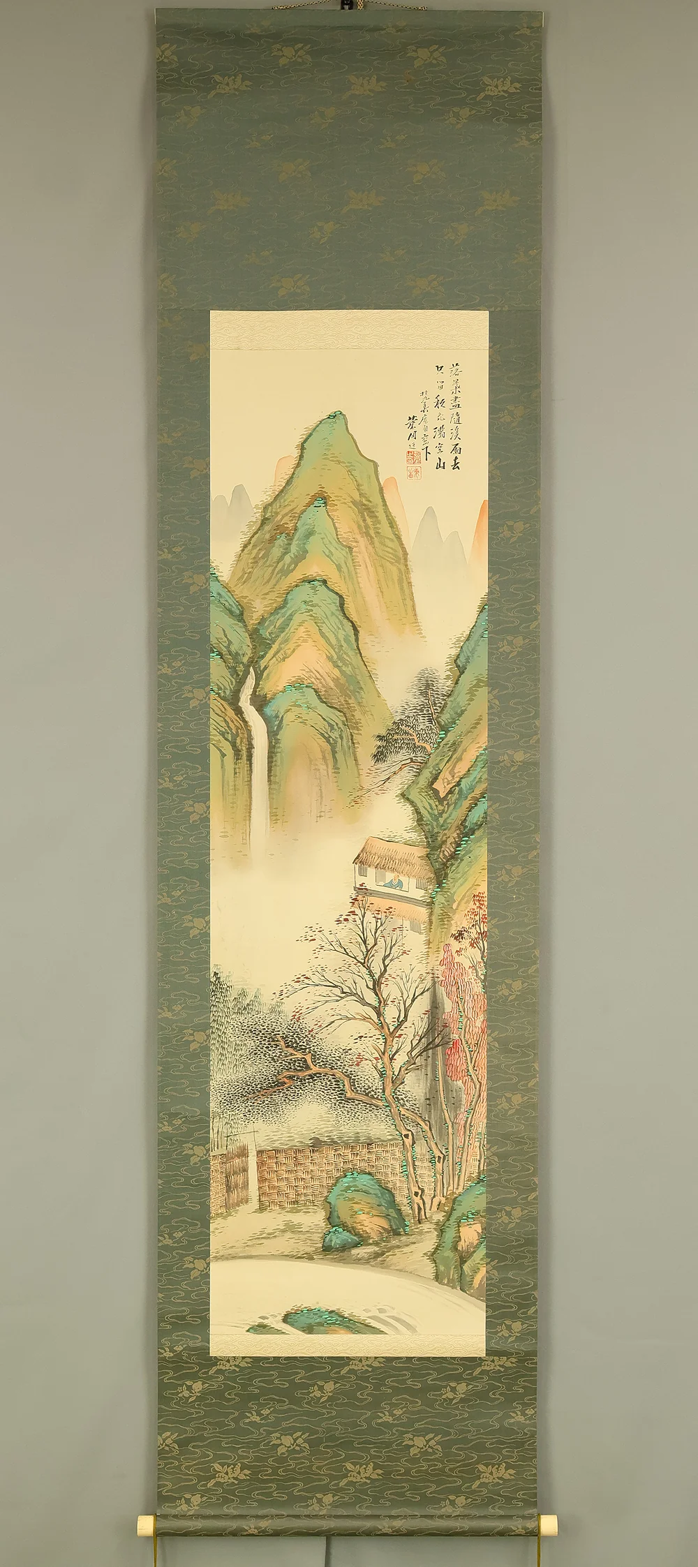 村上蘭田 Murakami Randen (b1899) Japanese art kakejiku kakemono wall hanging scroll / Blue and Green Mountains Landscape Waterfall and Country House with Original Box (Tomobako) RD906 - Image 2