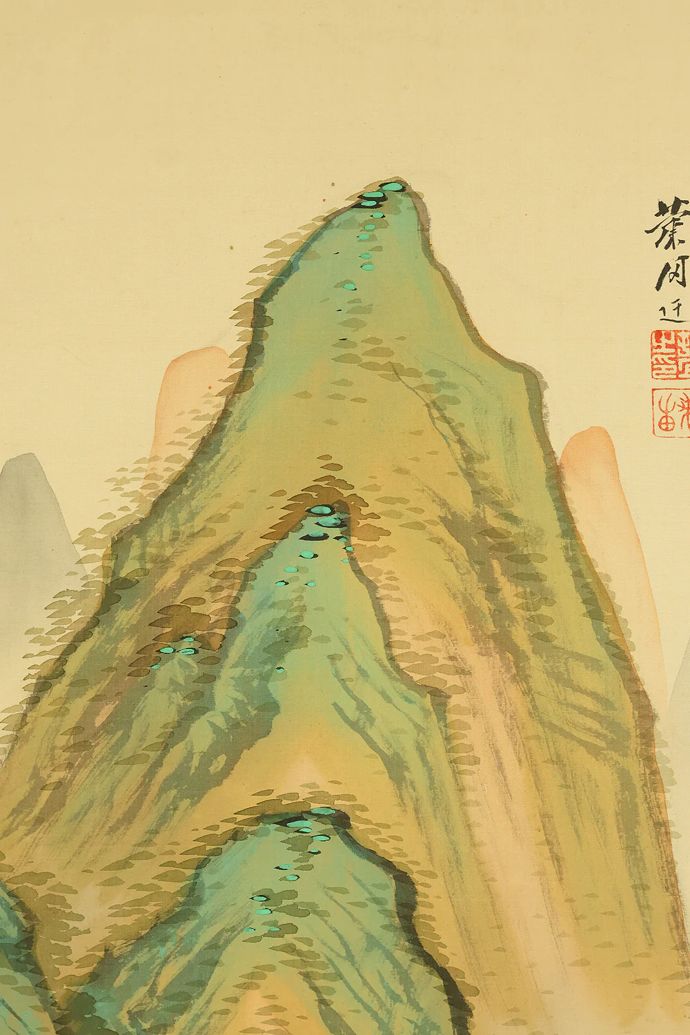 村上蘭田 Murakami Randen (b1899) Japanese art kakejiku kakemono wall hanging scroll / Blue and Green Mountains Landscape Waterfall and Country House with Original Box (Tomobako) RD906 - Image 7