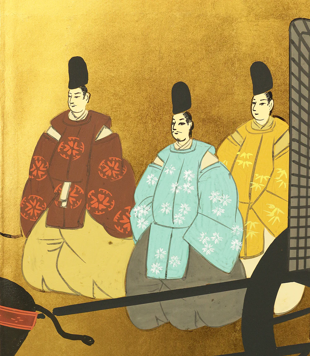 村田有因 Murata Yuin Japanese gold-leaf room divider Byobu 4 panels Folding screen / Genji Monogatari (Tale of the Genji) V648 - Image 12