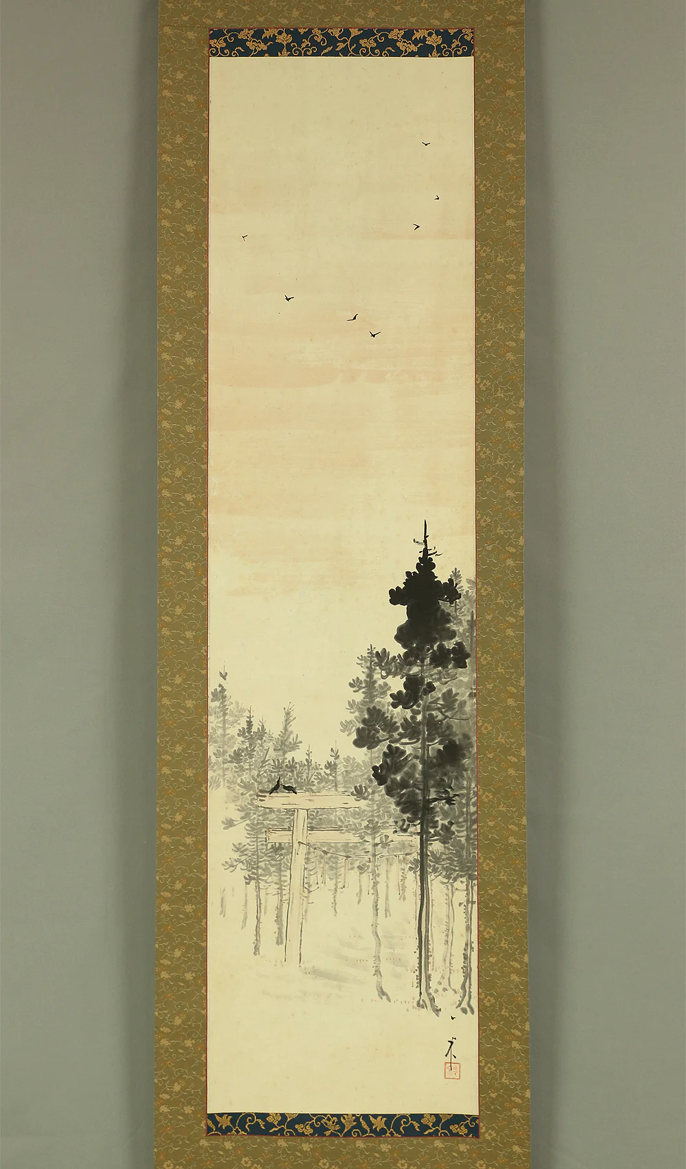 長井一禾 Nagai Ikka (1869-1940) Japanese art kakejiku kakemono wall hanging scroll / Landscape at Dusk Torii Gate and Flying Crows with Box RC578