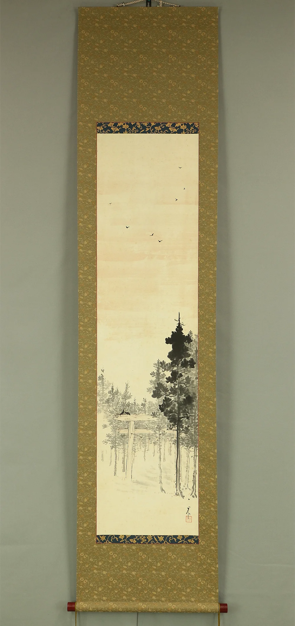 長井一禾 Nagai Ikka (1869-1940) Japanese art kakejiku kakemono wall hanging scroll / Landscape at Dusk Torii Gate and Flying Crows with Box RC578 - Image 2