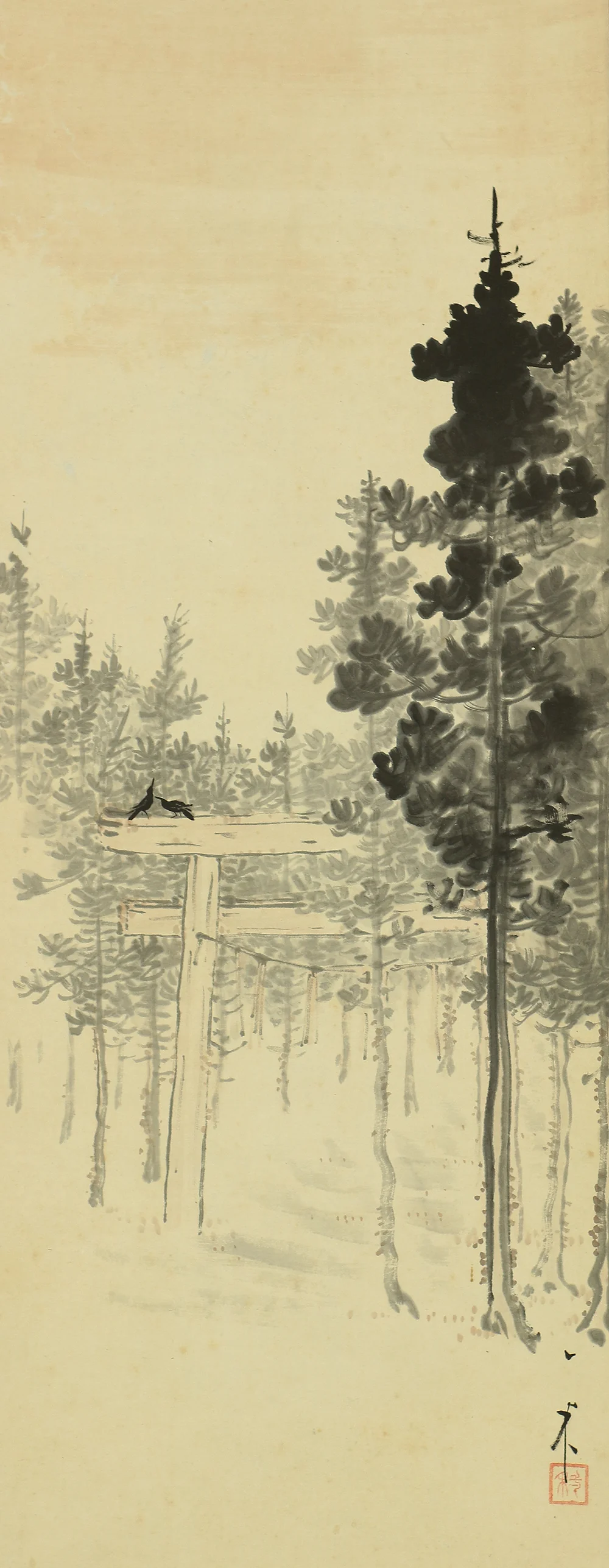 長井一禾 Nagai Ikka (1869-1940) Japanese art kakejiku kakemono wall hanging scroll / Landscape at Dusk Torii Gate and Flying Crows with Box RC578 - Image 7