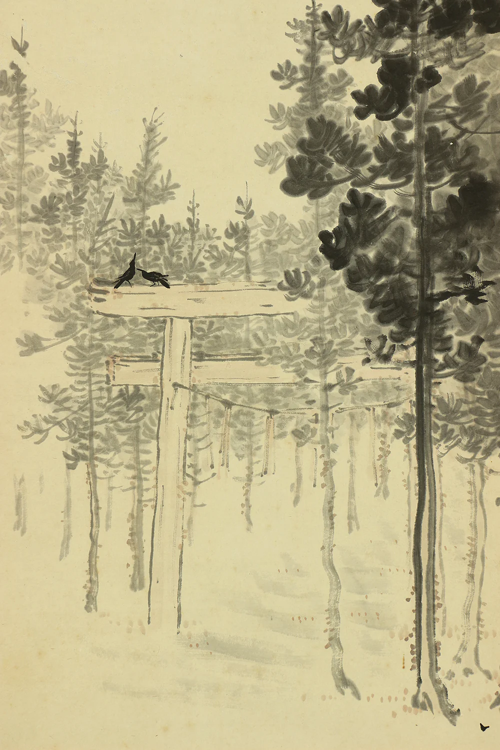 長井一禾 Nagai Ikka (1869-1940) Japanese art kakejiku kakemono wall hanging scroll / Landscape at Dusk Torii Gate and Flying Crows with Box RC578 - Image 9