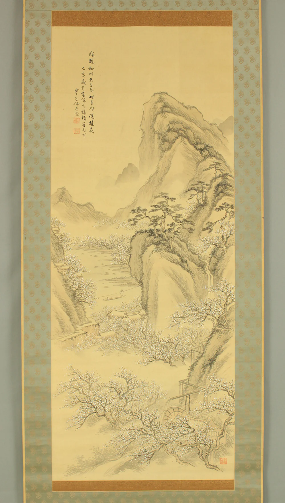 長坂雲在 Nagasaka Unzai (1848-1906) Japanese art kakejiku kakemono wall hanging scroll / Plum Grove Landscape, Boat, Watermill, and Country Houses with Box RD806