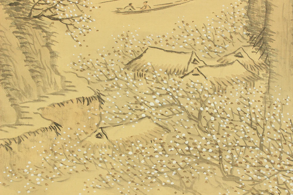 長坂雲在 Nagasaka Unzai (1848-1906) Japanese art kakejiku kakemono wall hanging scroll / Plum Grove Landscape, Boat, Watermill, and Country Houses with Box RD806 - Image 18
