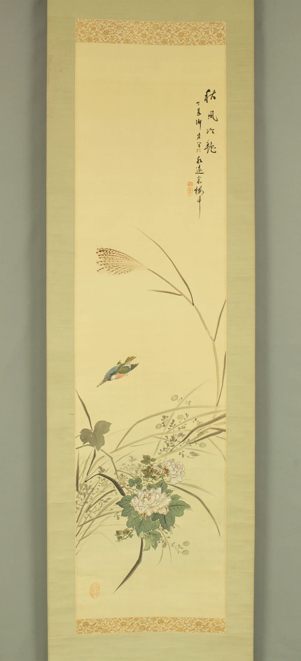 内藤天来 Naito Tenrai (1886-1978) Japanese art Kakejiku Kakemono wall Hanging Scroll / Silver Grass, Peonies, Chrysanthemums, and Kingfisher with Original Box (Tomobako) RD666