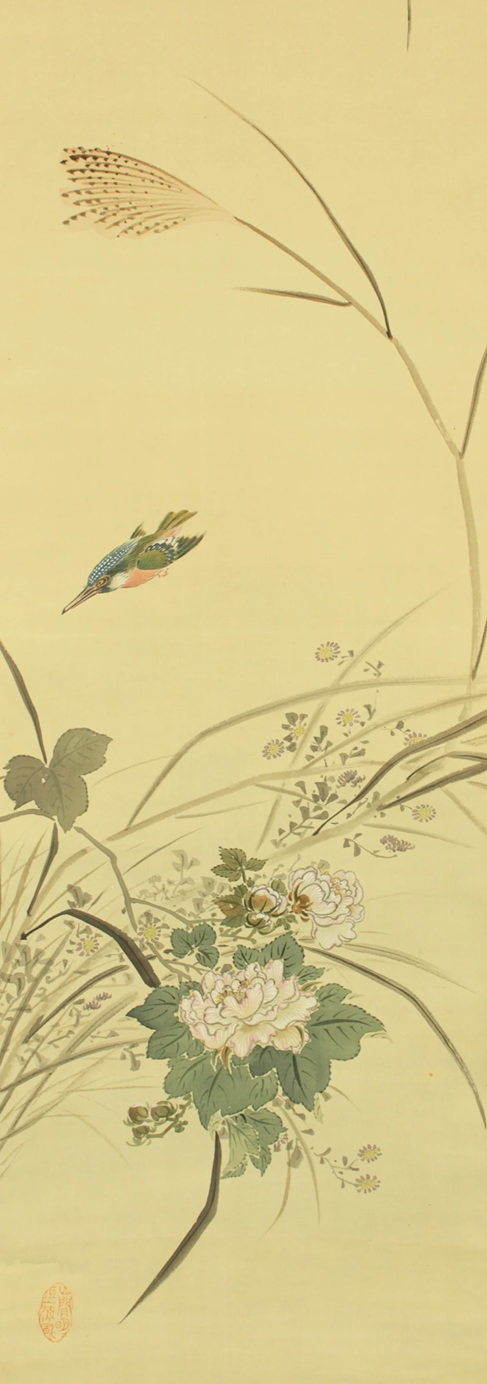 内藤天来 Naito Tenrai (1886-1978) Japanese art Kakejiku Kakemono wall Hanging Scroll / Silver Grass, Peonies, Chrysanthemums, and Kingfisher with Original Box (Tomobako) RD666 - Image 6