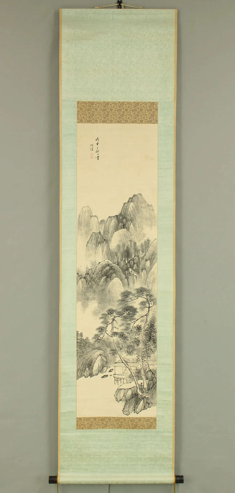 中林竹渓 Nakabayashi Chikkei (1816-1867) Japanese antique art kakejiku kakemono wall hanging scroll / Mountain, Pine Tree, River and Hermitage Landscape with Box RD539 - Image 2