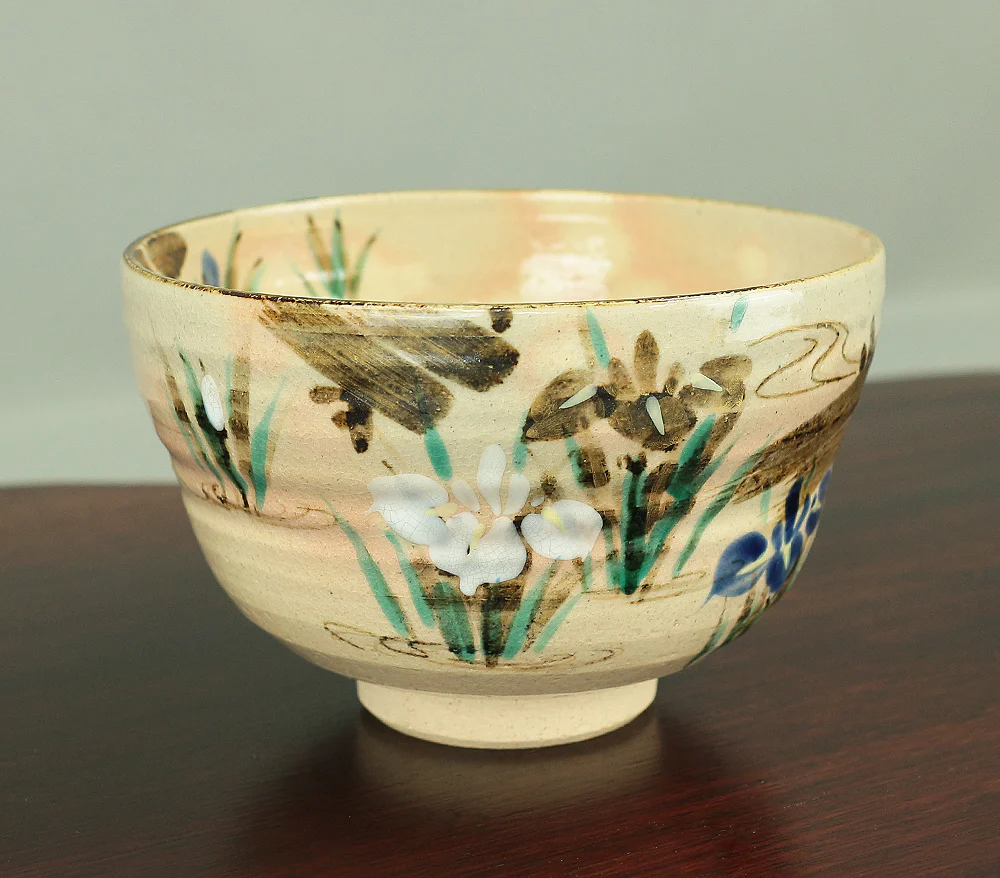 中村能休 Nakamura Nokyu Kyo ware Kenzan style 'Iris' Tea Bowl with Original Box (Tomobako) Japanese tea ceremony utensil V973 - Image 3