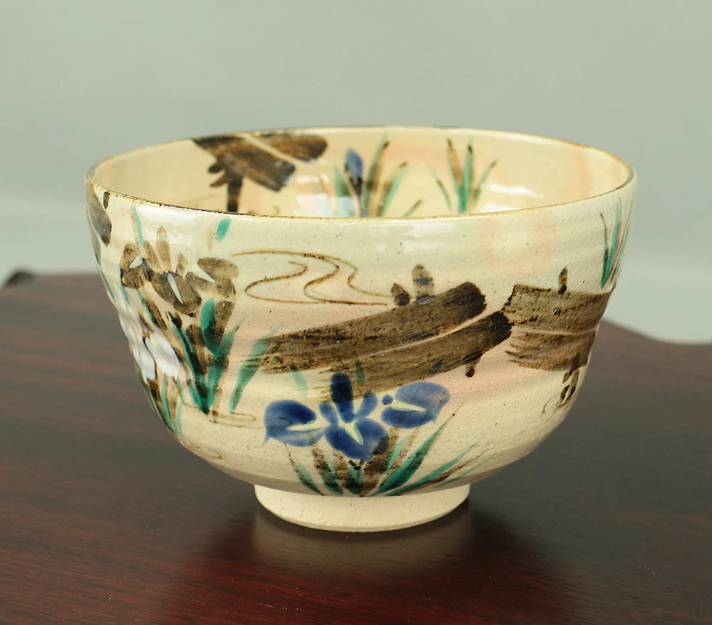 中村能休 Nakamura Nokyu Kyo ware Kenzan style 'Iris' Tea Bowl with Original Box (Tomobako) Japanese tea ceremony utensil V973 - Image 5