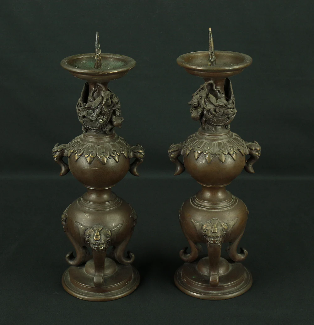 中尾宗甫 Nakao Shuho Buddhist Altar Fittings Bronze Two Candle Sticks and Two Censer Incense Burner VA497 - Image 2