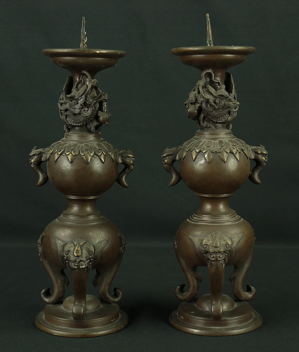 中尾宗甫 Nakao Shuho Buddhist Altar Fittings Bronze Two Candle Sticks and Two Censer Incense Burner VA497 - Image 3