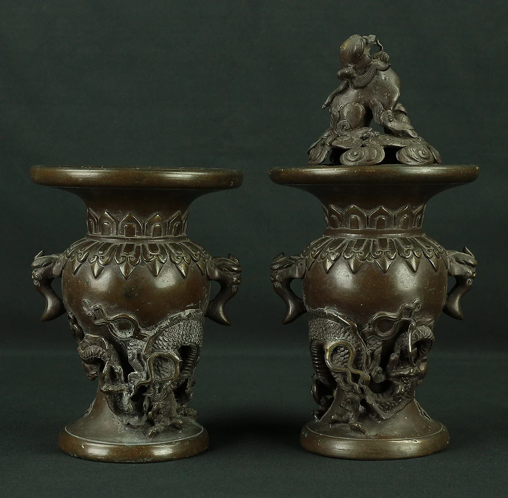 中尾宗甫 Nakao Shuho Buddhist Altar Fittings Bronze Two Candle Sticks and Two Censer Incense Burner VA497 - Image 32